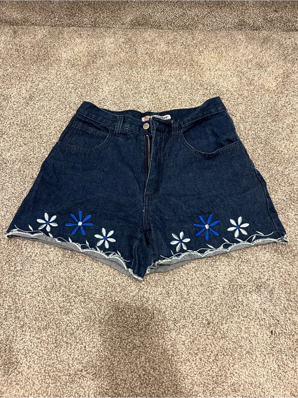 High-Rise Dark Blue Denim Shorts with Blue & White Floral Embroidery